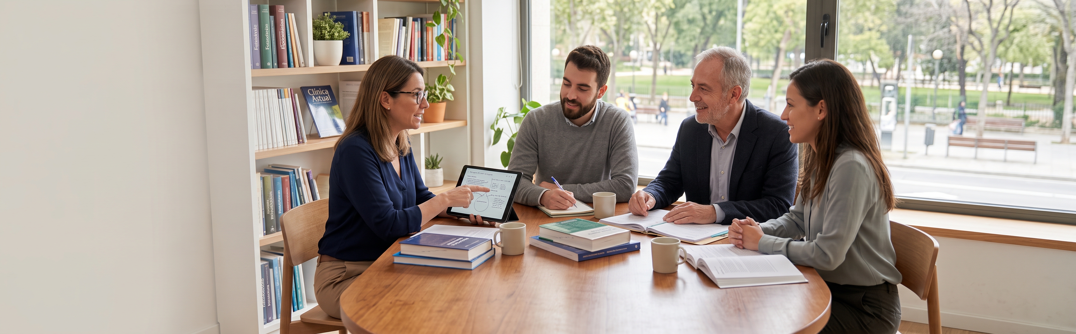 Profesionales de la salud mental trabajando y compartiendo conocimientos alrededor de una mesa
